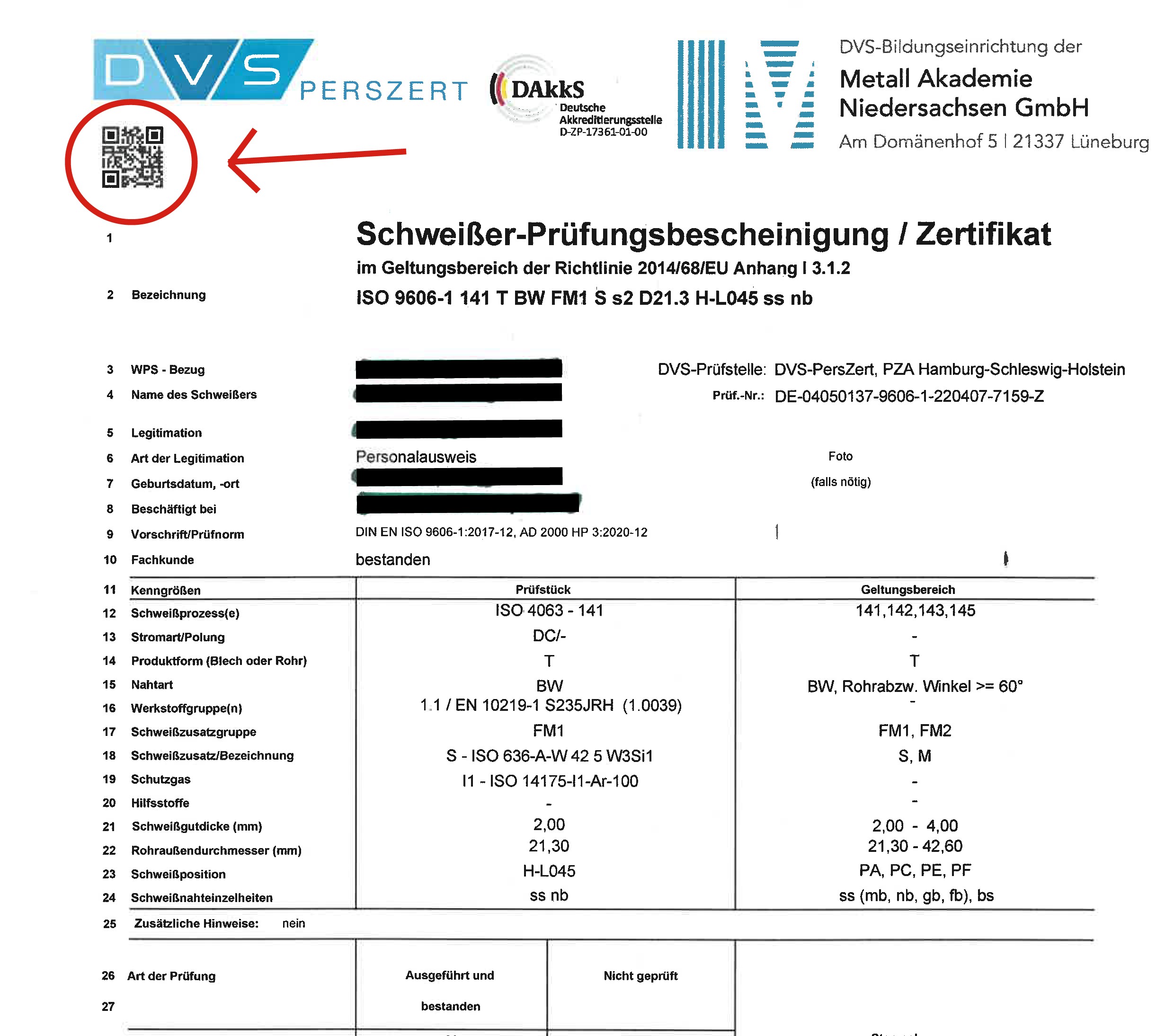 Ausschnitt einer Schweisserpruefbescheinigung mit QR Code zur Rueckverfolgung